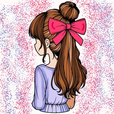 realistic girl  with hip length hair a bun and a big bow on the back of head