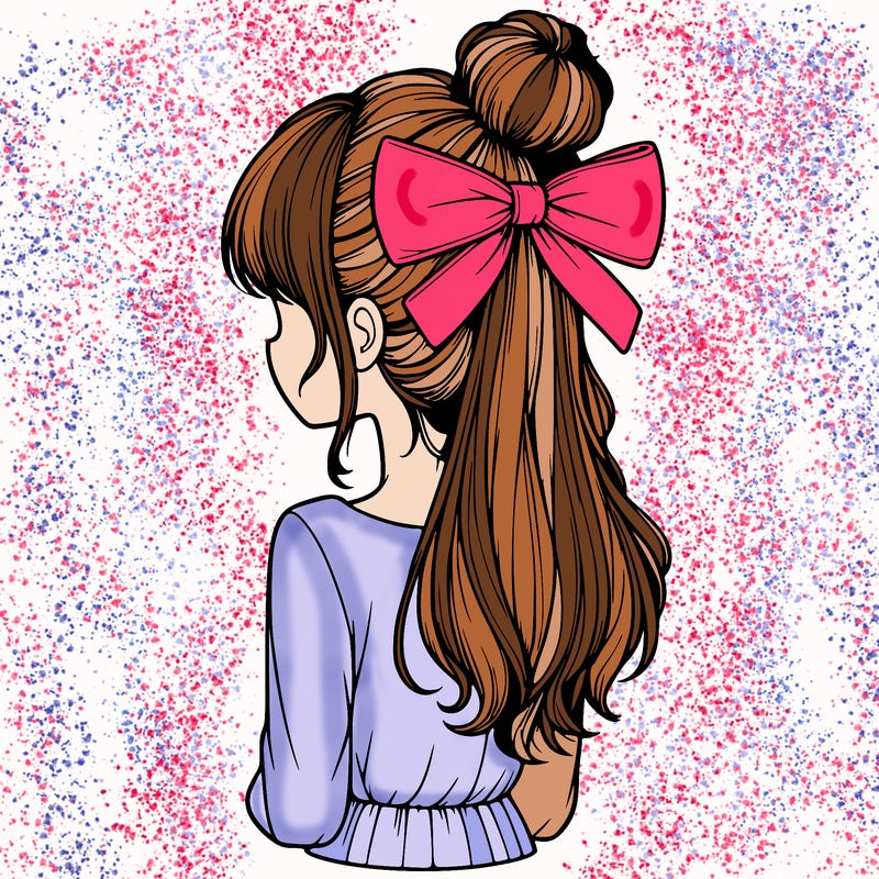 realistic girl  with hip length hair a bun and a big bow on the back of head