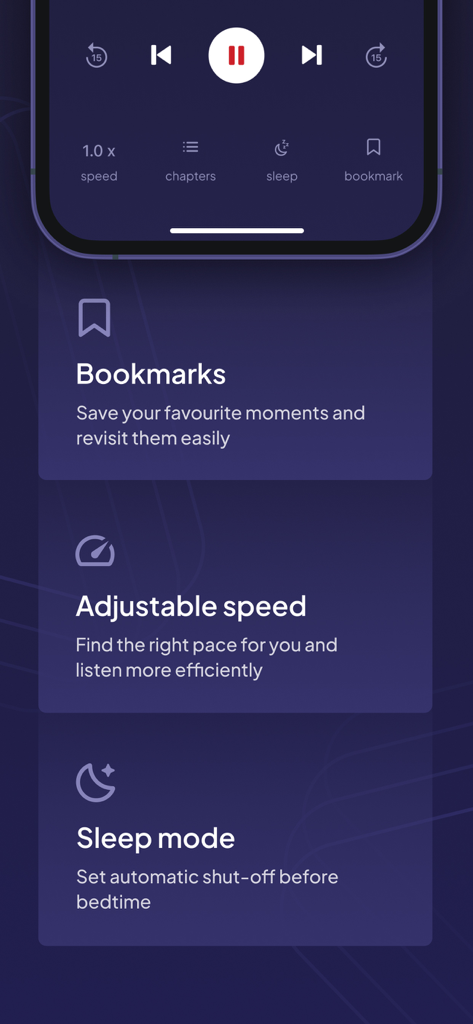 Voxa app interface showing audiobook player features like bookmarks, adjustable speed, and sleep mode