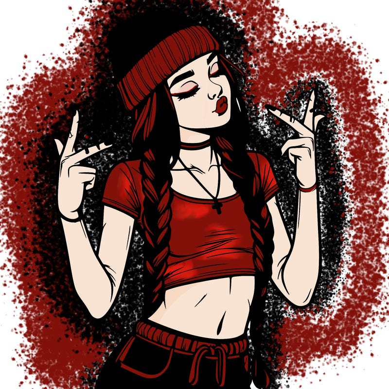 realistic teenage girl with braids and a beanie and crop top doing 🫶🏼