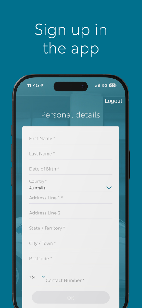 KINTO AU – Toyota Car Rental - KINTO AU app registration screen showing personal details form