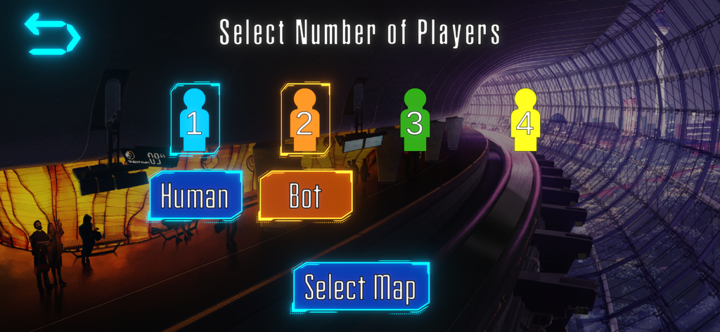 Maglev Metro - The player selection screen in Maglev Metro featuring options for human and bot players set against a futuristic train station background