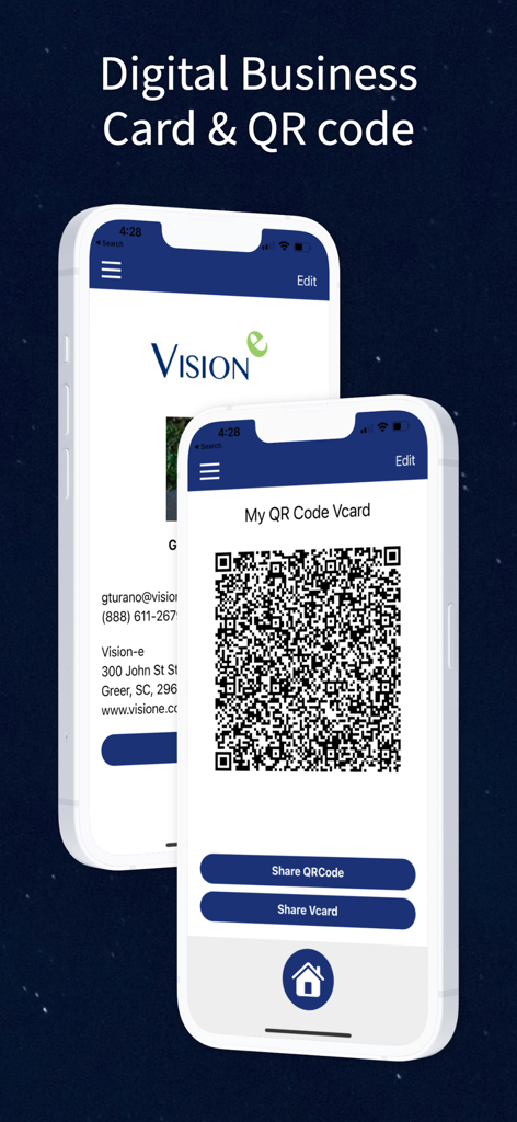 Two iPhones displaying a digital business card with a QR code and sharing options