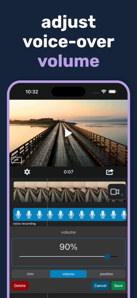 Interface of Voice Over Video app demonstrating how to adjust voice-over recording volume on a video clip.