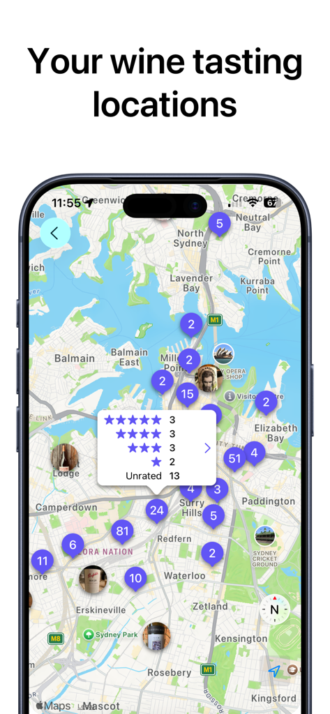 gotBottle: Wine Notes - A map display in the gotBottle app showing various wine tasting locations and user ratings