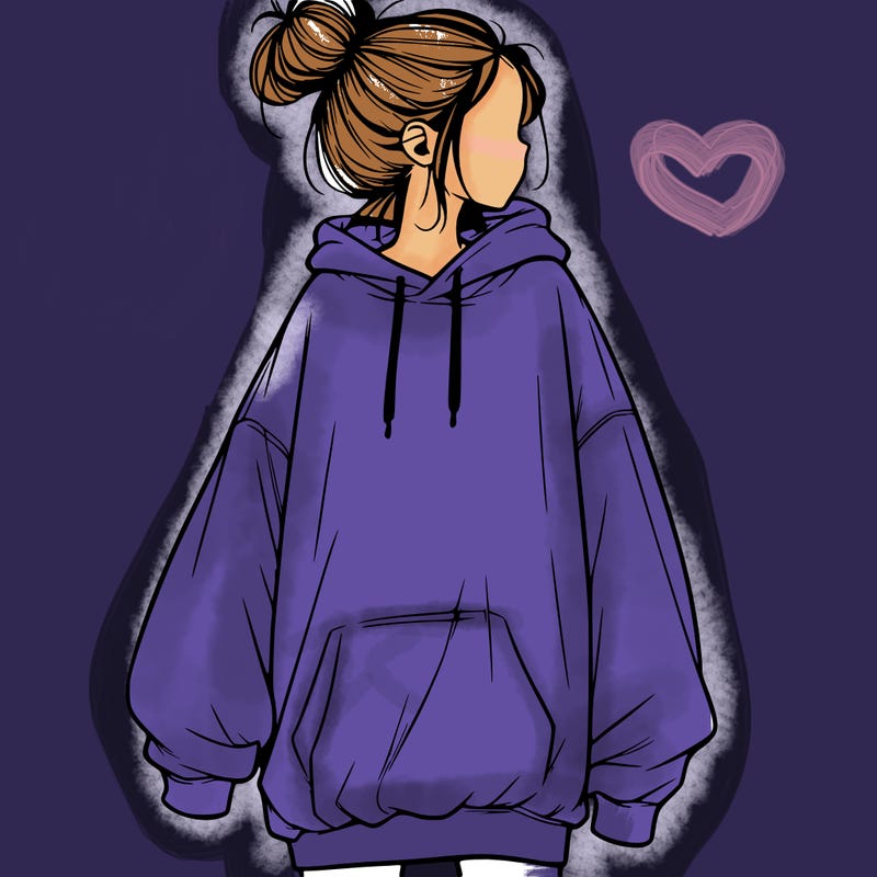 realistic girl with a oversized sweatshirt on and a bun
