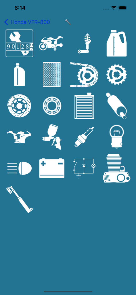 My_Moto - A grid of icons representing different motorcycle maintenance categories and spare parts in the My Moto app