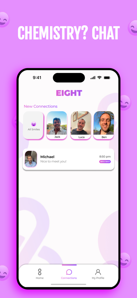 Eight: Smile, Video & Date - The connections screen of the Eight dating app showing new matches and a message notification