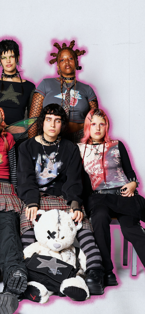 A group of models showcasing alternative and vintage inspired clothing from Minga London.