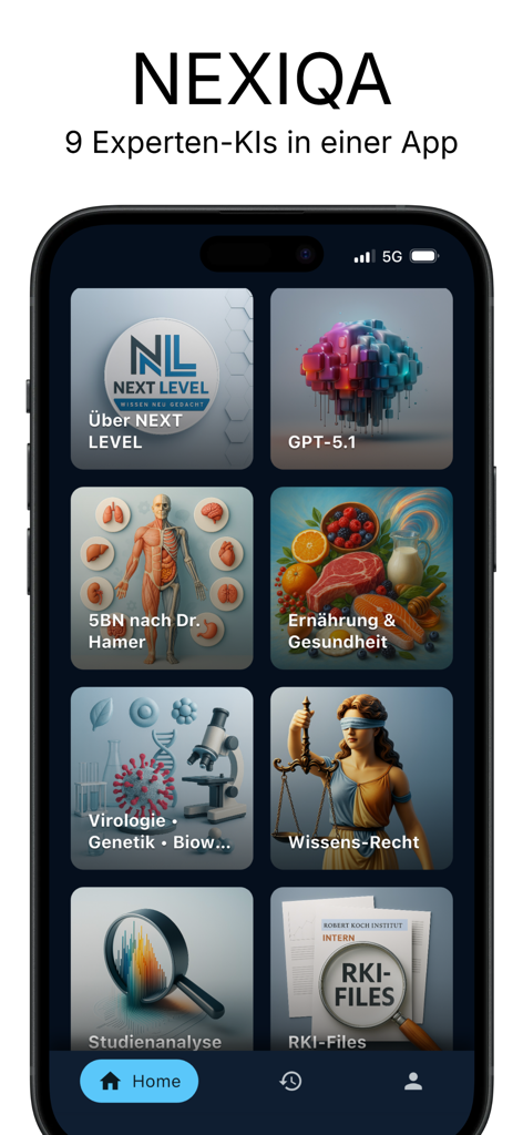 NEXIQA - NEXIQA app home screen featuring a selection of specialized AI knowledge modules for professional analysis