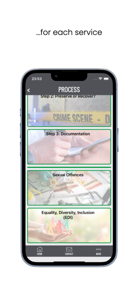Crime Scene Assistant - Pantalla del menú de la aplicación Asistente de Escena del Crimen que muestra los pasos del proceso forense, incluida la preservación y la documentación