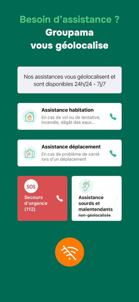 Pantalla de asistencia de emergencia en la aplicación Groupama et moi que proporciona servicios de soporte y geolocalización 24/7.