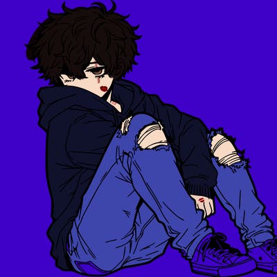 a male hoddie ripped jeans messy hair anime