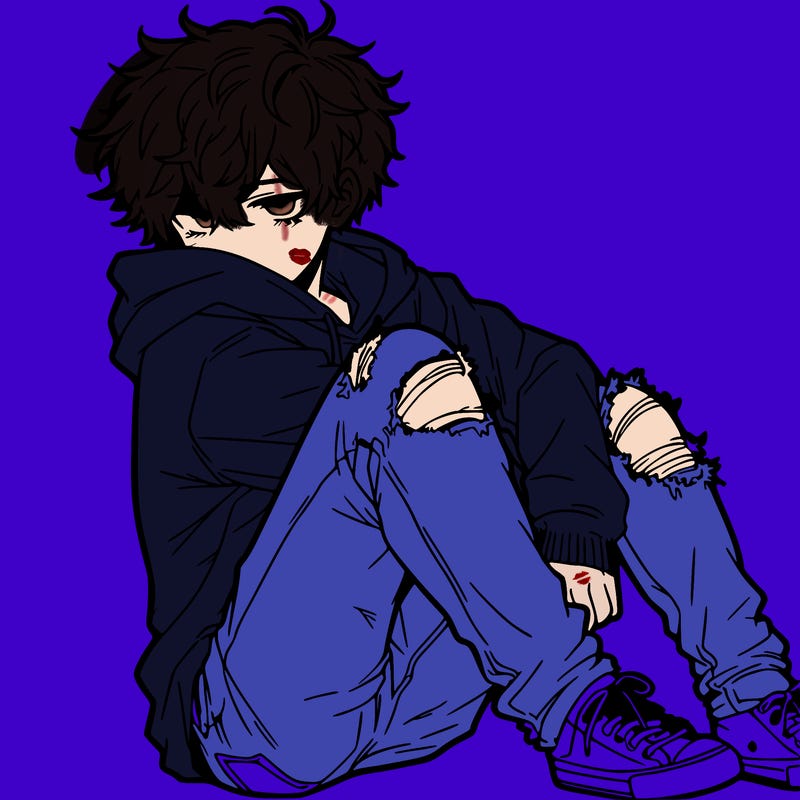 a male hoddie ripped jeans messy hair anime