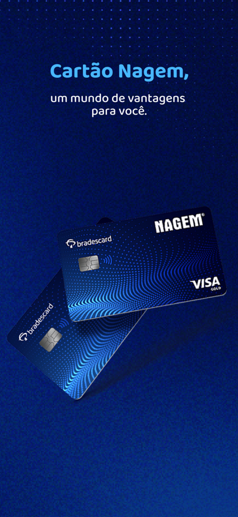 Nagem App - Two Nagem Bradescard Visa Gold credit cards on a blue background with promotional text about benefits