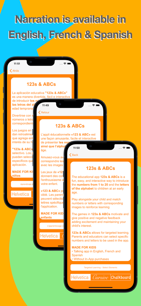 Preschool educational app interface showing narration options in English French and Spanish