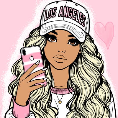 realistic beautiful girl wearing los ángeles cap holding an iphone