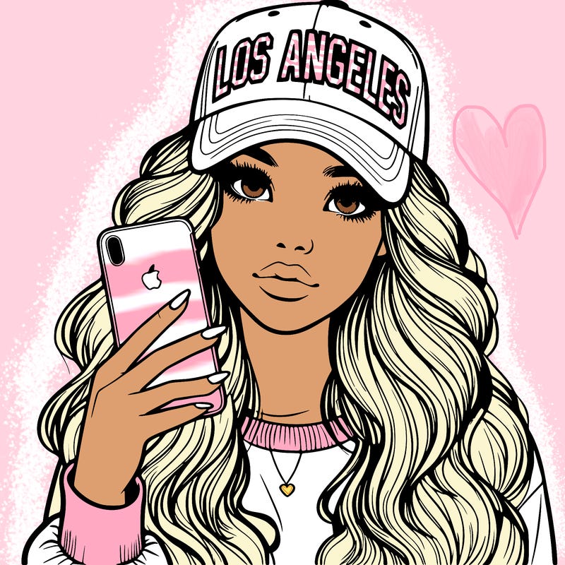 realistic beautiful girl wearing los ángeles cap holding an iphone