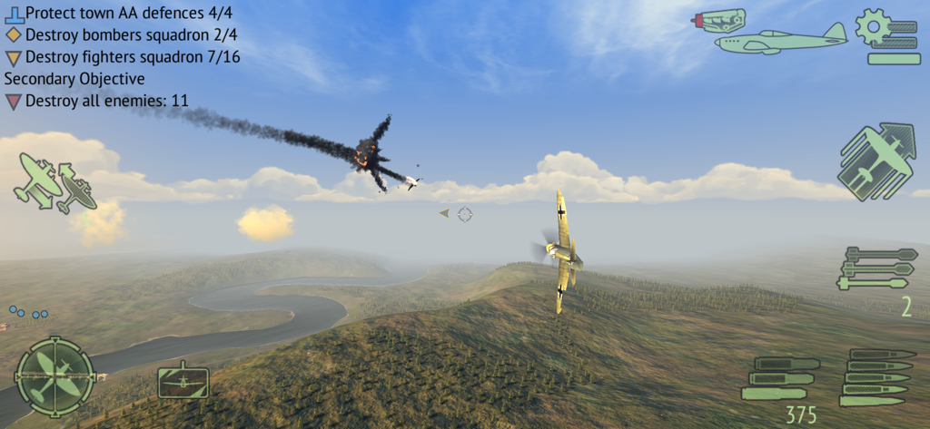 Warplanes: WW2 Dogfight FULL - A World War 2 fighter plane engages in a dogfight over a hilly landscape with an enemy plane exploding in the sky.