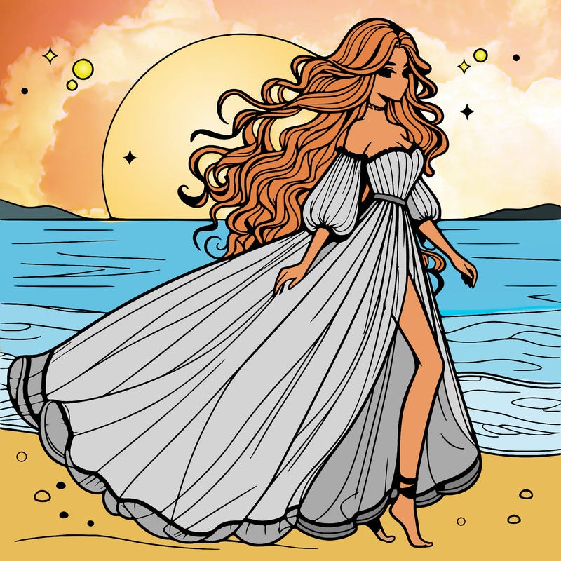 beautiful woman with a vaporous long dress walking on the beach at the noon, detailed art