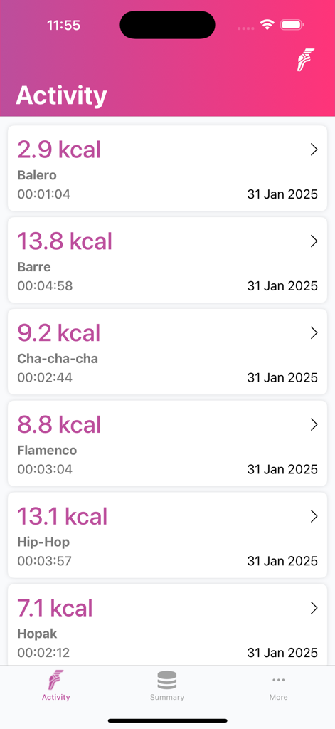 Activity screen showing calories burned for different dance styles like Barre and Hip Hop