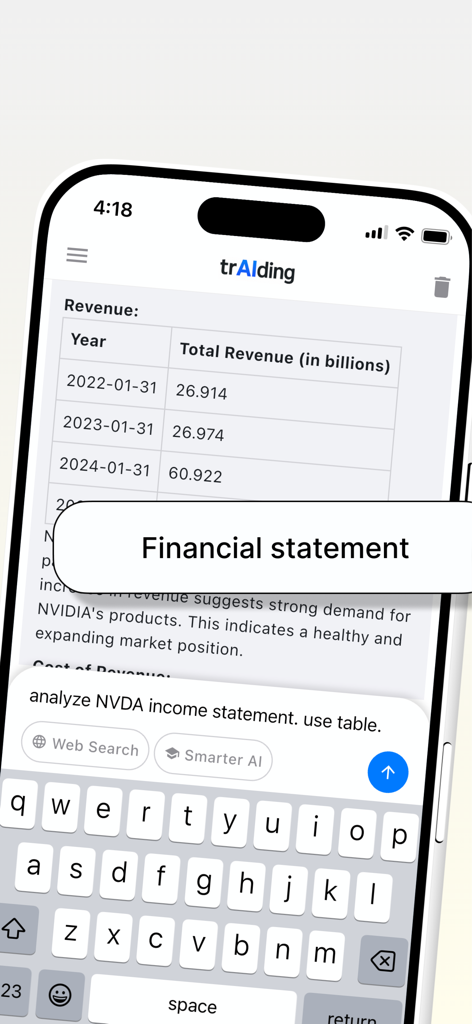 A screenshot of the trAIding app showing an AI-generated table of NVIDIA revenue and a summary analysis of its financial statement.