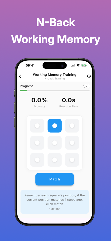 MindFit - Your Brain Gym - MindFit app interface showing N-back working memory training exercise