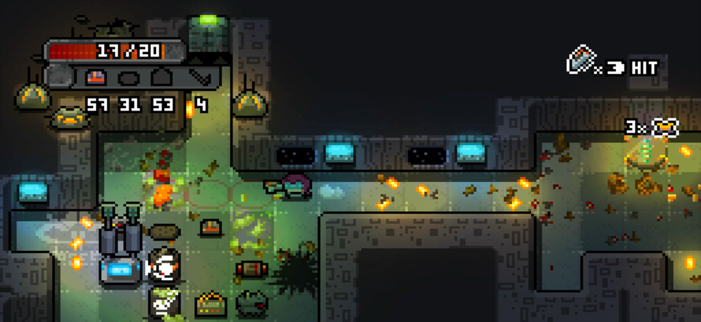 Space Grunts - A top-down pixel art screenshot of Space Grunts gameplay featuring a marine in a sci-fi base environment with retro UI elements.