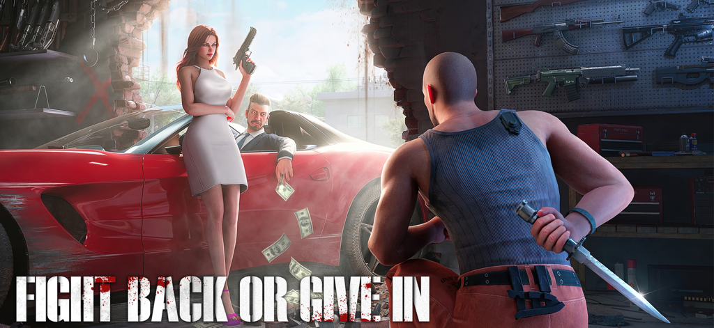 Mafia City: War of Underworld - Imagen promocional de Mafia City con personajes con armas, un coche deportivo rojo y dinero con el texto Lucha o Ríndete