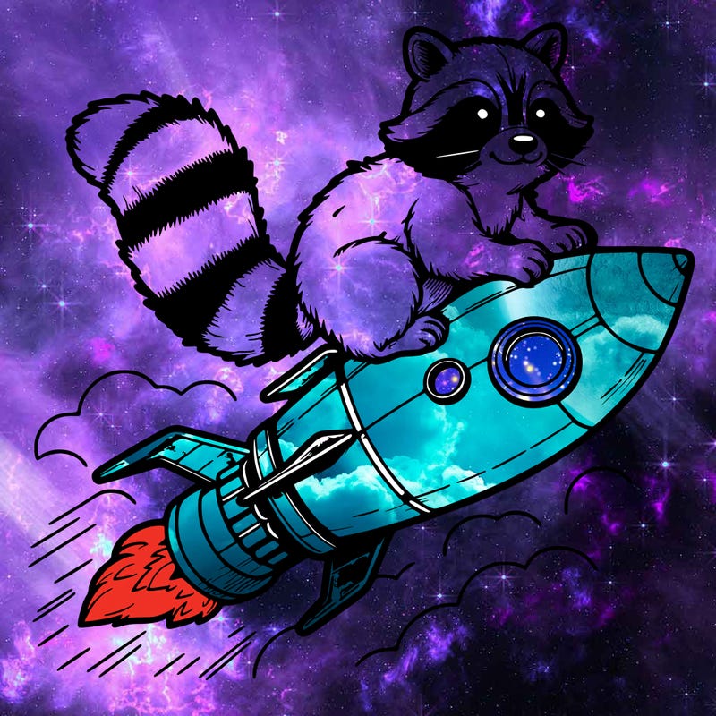 realistic raccoon flying on top rocket ship
