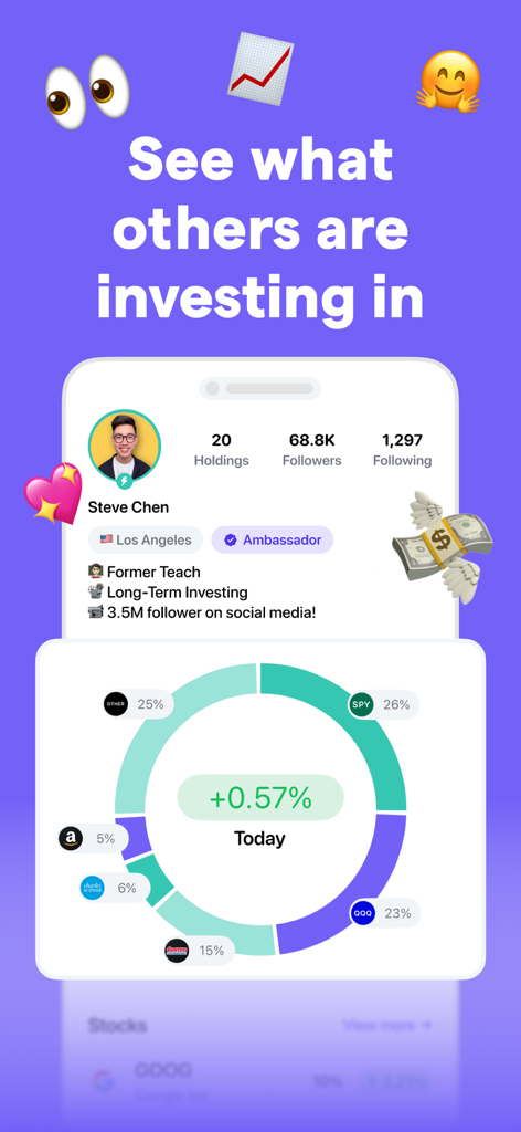 Blossom: Portfolio Tracker - Interface do aplicativo Blossom mostrando o perfil de um investidor verificado com um gráfico de pizza de alocação de portfólio