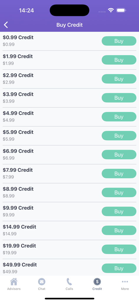 The Buy Credit screen of the Live Psychic Chat app showing a list of credit packages starting from zero point ninety nine dollars.