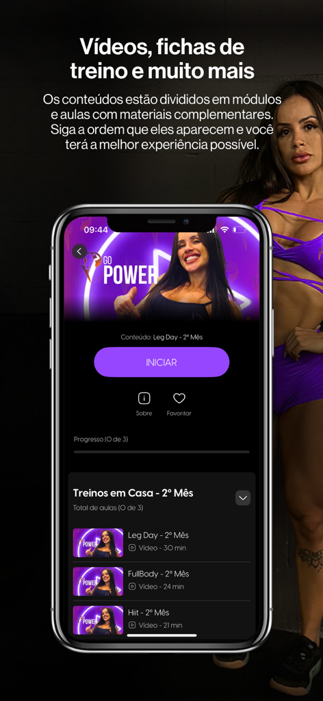 Go Power fitness app interface showing video training modules for leg day and full body workouts.
