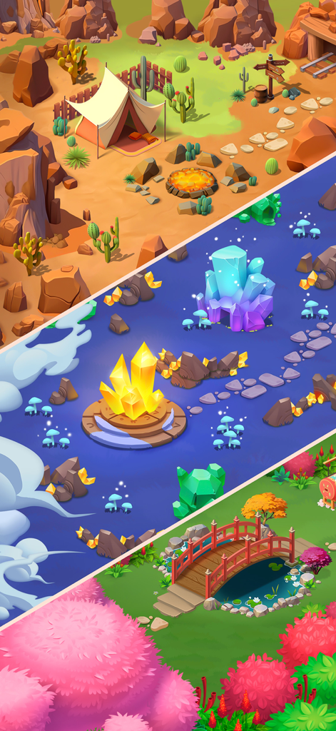 Tile Yard: Matching Game - A selection of decorative landscape environments in Tile Yard including a desert camp, crystal caves, and a zen garden bridge.