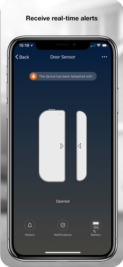 Energizer Connect - Energizer Connect app interface displaying a door sensor alert on a smartphone screen.