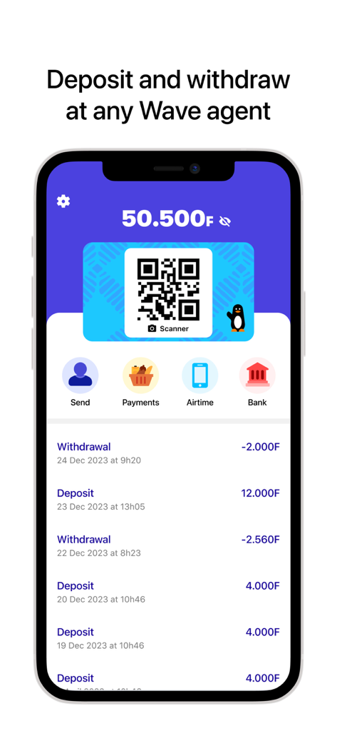 Wave Mobile Money app screen showing account balance QR code and transaction history for deposits and withdrawals