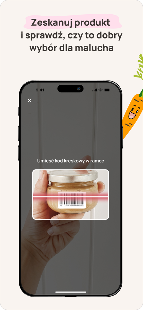 Pierwsze Smaki - Un teléfono móvil mostrando una función de escáner de códigos de barras para verificar si un producto alimenticio es una opción saludable para un niño pequeño
