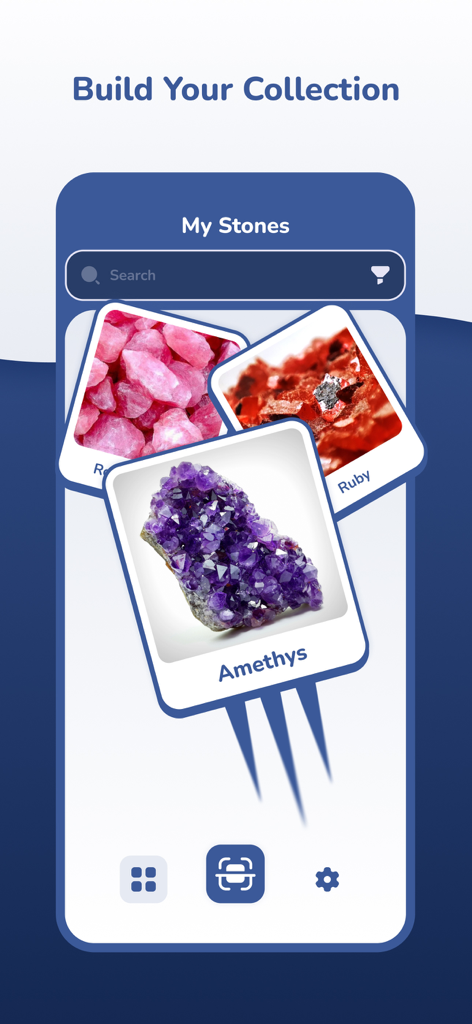 Rock and Mineral Identifier AI - Interfaz de la aplicación Identificador de Rocas y Minerales IA mostrando una colección personal de piedras que incluyen Amatista y Rubí.