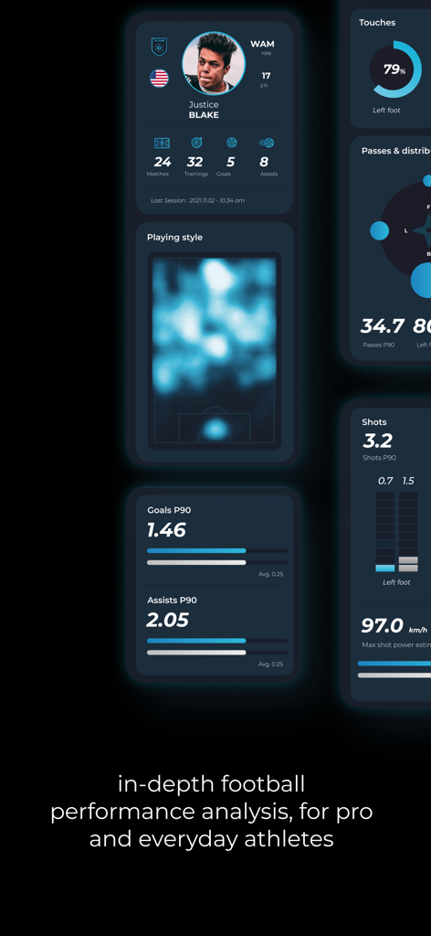 XSEED - Panel de la aplicación móvil XSEED que muestra estadísticas de perfil de jugador de fútbol y análisis de rendimiento