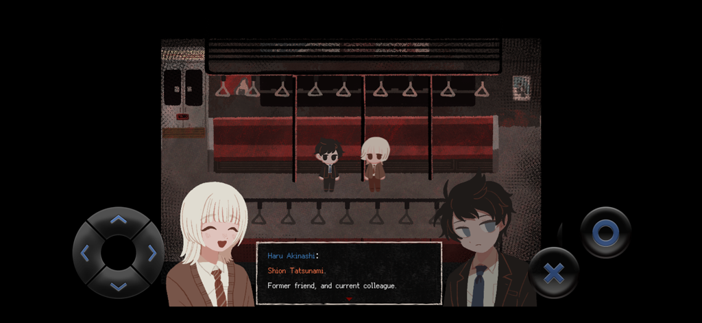 Saihate Station - Haru y Shion de pie dentro de un vagón de tren en el juego Saihate Station con texto de diálogo