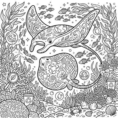 Celebrate Earth Day with this captivating coloring page featuring magnificent rays and skates. Immerse yourself in an underwater world filled with intricate designs and symbols of ocean conservation.