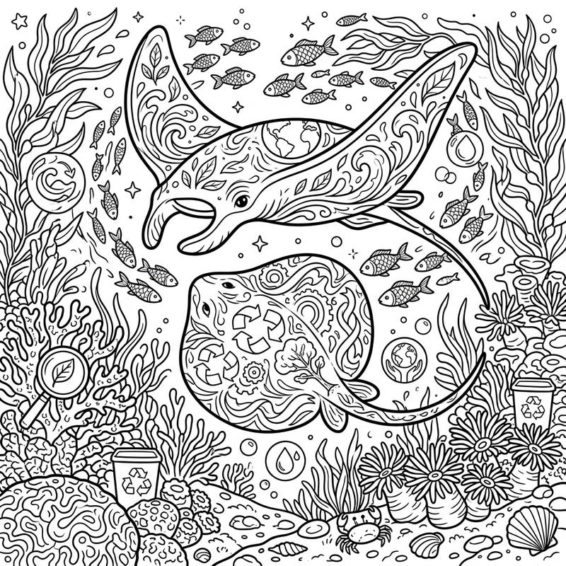 Celebrate Earth Day with this captivating coloring page featuring magnificent rays and skates. Immerse yourself in an underwater world filled with intricate designs and symbols of ocean conservation.