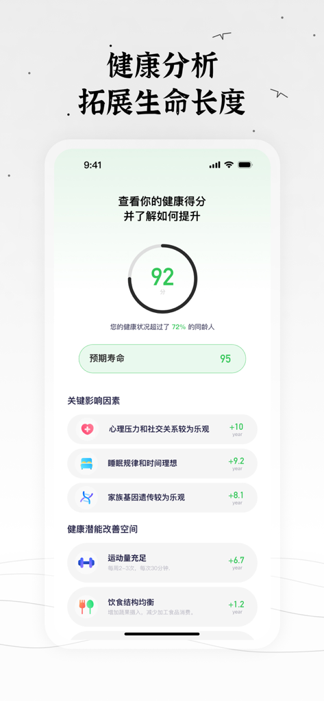 生辰 — 桌面时间小组件 - Écran d'analyse de santé de l'application Lifespan montrant un score de longévité et des facteurs d'amélioration du mode de vie
