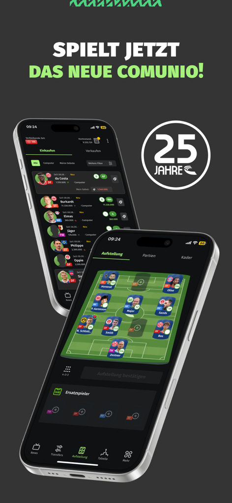 Comunio fantasy soccer manager app interface showing team lineup and transfer market screens