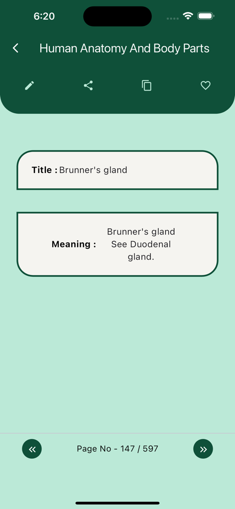 Human Anatomy And Body Parts - A screenshot from the Human Anatomy And Body Parts app displaying a glossary definition for Brunner's gland.