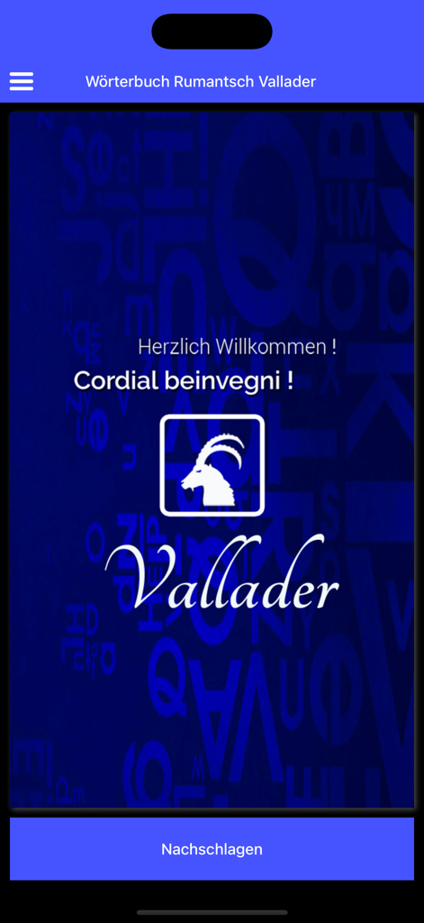Welcome screen of the Rumantsch Vallader dictionary app featuring a blue background and an ibex logo.