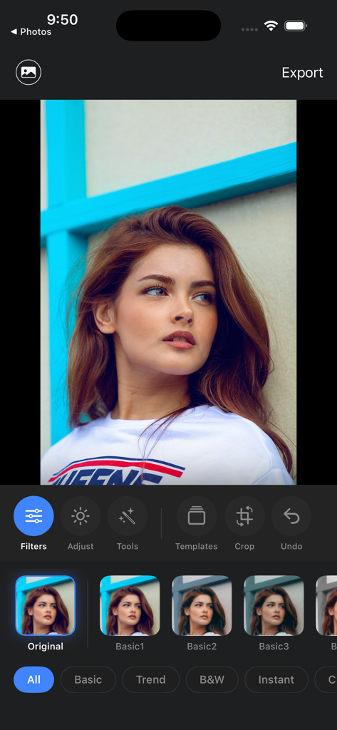 Bloom Studio: Photo Editor App - Interface de edição de fotos do Bloom Studio mostrando filtros de retrato e ferramentas de ajuste