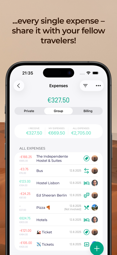 Lambus | Travel Planner - Uma interface móvel do aplicativo Lambus exibindo uma lista compartilhada de despesas em grupo e divisão de contas para viajantes