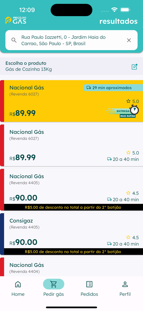 Preço do Gás - A list of local gas delivery vendors showing prices ratings and estimated delivery times in the Preco do Gas app