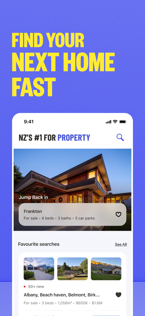 Pantalla de inicio de la aplicación móvil Trade Me Property que muestra anuncios inmobiliarios de Nueva Zelanda y búsquedas favoritas.
